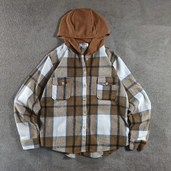 HAHA MAMA Women's Plaid Flannel Hooded Shirt Jacket Brown White Size L - Picture 1 of 7